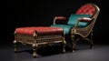 Orientalist Influenced Ottoman Chair With Red Throw Cushions