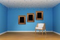 Chair with frames in blue room Royalty Free Stock Photo