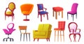 Chair furniture. Front and side view of office and home seats. Colorful modern and vintage armchairs, empty contemporary