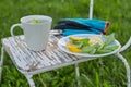 Chair with garden pruner, gloves, cup of fresh herbal mint tea with lemon