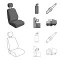 Chair with headrest, fire extinguisher, car candle, petrol station, Car set collection icons in outline,monochrome style Royalty Free Stock Photo