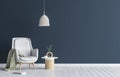 Chair with lamp and coffee table in living room interior, dark blue wall mock up background