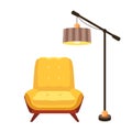 Chair and lamp, furniture of living room interior, classic armchair, lampshade on stand