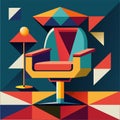 A chair with a lamp placed on top of it in a simple room, An abstract interpretation of a salon chair in a modern, geometric style Royalty Free Stock Photo