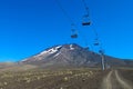 Chair lift above volcano slope covered with ash