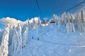 Chair lift in Poiana Brasov ski resort, Skiers and snowboarders enjoy the ski slopes in Poiana Brasov winter resort whit forest