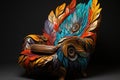 A chair made out of colorful feathers on a black background