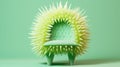 A chair made out of spikes on a green surface, AI
