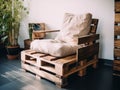 A chair made out of wooden pallets with a cushion. AI generative image.