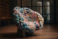 A chair made out of yarn sitting on a wooden floor. AI generative image.