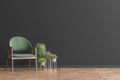 Chair with plants in living room interior, black wall mock up background