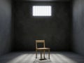 chair in prison cell with light shining through a barred window, 3d Royalty Free Stock Photo