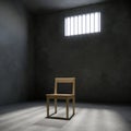 chair in prison cell with light shining through a barred window, 3d