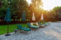 chair relax on in holiday swimming pool with clear blue water Royalty Free Stock Photo