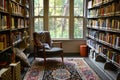 A chair sits on a rug in a corner of a library, A quiet corner of the library where students can escape into books