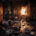 Chair is sitting in an abandoned and burnt-out room. The room appears to be damaged or destroyed, with broken glass and debris