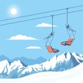 Chair ski lift for mountain skiers and snowboarders moves in the air on a rope on the background of winter snow capped mountains Royalty Free Stock Photo