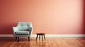 A chair and a small table in front of an orange wall, AI