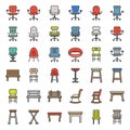 Chair, stool, armchair and bench, filled outline furniture icon