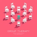 Chair and stool 3D isometric heart shape pattern, Group therapy concept poster and social banner vertical design illustration