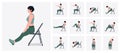 Chair stretching exercises set. woman doing fitness and yoga exercises with chair.