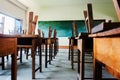 chair and table in class room with black board background, no student, Royalty Free Stock Photo