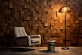 Chair and Table in a Room, A Functional and Minimalist Setup, Wallpapered, wood-paneled walls with a natural wood finish,
