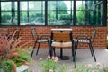 Chair and table set, outside. Wooden garden furniture Royalty Free Stock Photo