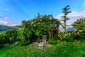 A chair to relax on in a garden under roses in sunny weather - an idyllic peaceful place in summer