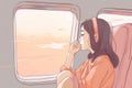 journey woman window person flight passenger seat transportation plane character trip. Generative AI.