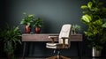 Chair at wooden table with computer monitor and plants in grey spacious home office interior. ai Royalty Free Stock Photo