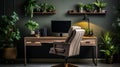 Chair at wooden table with computer monitor and plants in grey spacious home office interior. ai Royalty Free Stock Photo