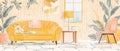 Chair with yellow tassel pillows, lace napkin, and desk lamp at night with lamp lighting. Gradient soft chair with book Royalty Free Stock Photo