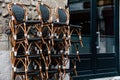 Chairs armchairs of a Parisian bistro terrace stored stacked