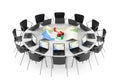 Chairs around a Table with Toy Taxi from above of Abstract Navigation Map in the middle. 3d Rendering
