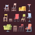 Chairs collection. Front view elegant furniture for home modern style vector pictures