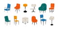 Chairs collection. Modern room interior furniture, cartoon stools different types and shapes, cozy home decor flat style