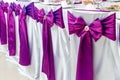 Chairs decorated with purple bows on ceremony Royalty Free Stock Photo