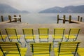 Chairs on lake Lucerne, Switzerland. Retro filter