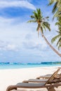 Chairs and palm tree on sand beach, tropical vacations