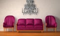 Chairs with purple couch and glass chandelier