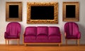 Chairs with purple couch and picture frames Royalty Free Stock Photo