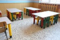 Chairs and small tables of school refectory for children Royalty Free Stock Photo