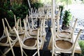 Chairs stacked outside of a traditional restaurant