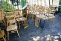 Chairs stacked outside of a traditional restaurant in the touristic district of Monastiraki