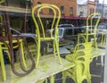 Chairs stacked up in a restaurant window Royalty Free Stock Photo