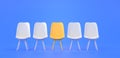 Chairs standing in row, one yellow seat among many white, front view. Hiring and recruiting concept. Job opportunity
