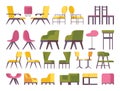 Chairs, stools and ottoman flat vector collection in green, pink and yellow. Various foreshortening views, different furniture