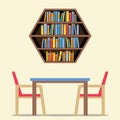 Chairs And Table With Hexagon Bookshelf On Wall Royalty Free Stock Photo