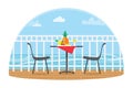 Chairs and Table on the terrace balcony in the restaurant View over the sea. Water landscape. Pineapple. Flat vector